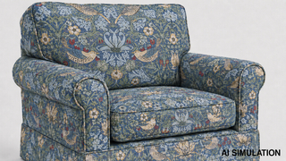 AI simulation of fabric SKU 6780614 Vivaldi Celeste, a William Morris bird-and-floral print, shown as upholstery fabric on a traditional upholstered armchair to illustrate pattern scale and color.