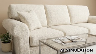 AI simulation of fabric SKU 6967712 SUGARSHACK R NATURAL solid color upholstery fabric shown as upholstery fabric on a contemporary sofa to illustrate texture, color, and application.
