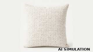 AI simulation of fabric SKU 6983711 MALIBU CANYON R NATURAL solid color upholstery fabric shown on a decorative throw pillow to illustrate fabric texture and natural color.