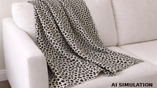 AI simulation showing a black and ivory leopard print upholstery fabric draped over a cream-colored sofa. The image is a digital visualization created from an actual fabric photograph and is intended to demonstrate the fabric's pattern, scale, and general appearance in a home furnishings setting.