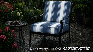 AI simulation of fabric SKU 7058711 Covington SD-HEMINGWAY 56 MARINER stripe indoor outdoor upholstery fabric shown on a cushioned patio chair in a rainy garden setting to illustrate color, stripe placement, and outdoor application.