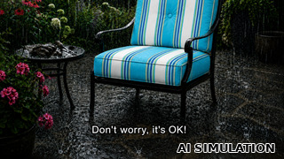AI simulation of fabric SKU 7058712 Covington SD-HEMINGWAY 542 CARIBE stripe indoor outdoor upholstery fabric shown as upholstery fabric on a cushioned patio chair in a rainy garden setting to illustrate color, stripe scale, and outdoor use.