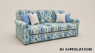 AI simulation of fabric SKU 7089011 Premier Prints CONNIE COURTYARD ikat print shown as upholstery fabric on a sofa to illustrate pattern scale and color.