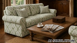 AI simulation of fabric SKU 7111813 Magnolia Home Fashions JENNA PEAR print shown as upholstery fabric on a traditional sofa to illustrate pattern scale, color, and design.