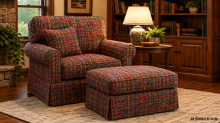 AI simulation of fabric SKU 7120111 Ecstasy Multi multicolor woven upholstery fabric shown on a traditional armchair, matching ottoman, and accent pillow to illustrate color, pattern scale, texture, and upholstery use.