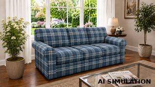 AI simulation of fabric SKU 7122713 Mason Admiral shown as upholstery fabric on a traditional sofa to illustrate the plaid pattern.