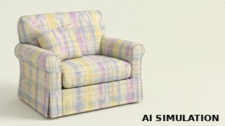 AI simulation of fabric SKU 7124511 Marco Festival multicolor watercolor plaid upholstery fabric shown on a cushioned armchair and matching throw pillow to illustrate color, pattern scale, and upholstery use.
