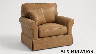 AI simulation of fabric SKU 7126511 Cartwright Toast faux leather upholstery fabric shown on a traditional upholstered chair to illustrate color, texture, scale, and upholstery use.