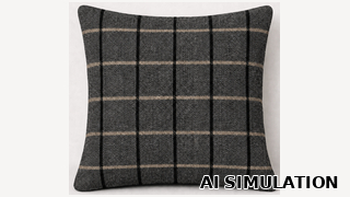 AI simulation of fabric SKU 7126614 Preston Onyx, a black and taupe plaid with a subtle herringbone texture, shown on a decorative accent pillow to illustrate pattern scale, color, and texture.