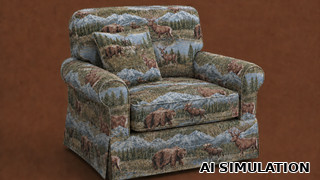 AI simulation of fabric SKU 7128011 BIG GAME II NATURE Southwestern Crypton Nanotex tapestry shown as upholstery fabric on a traditional armchair and throw pillow to illustrate the wildlife design, color, and scale.