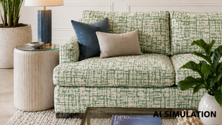 AI simulation of fabric SKU 7128311 Jarrett Greenery upholstery fabric, featuring an abstract ivory-and-green grid pattern on a contemporary sofa to illustrate color, pattern scale, and upholstery use.
