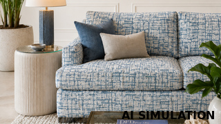 AI simulation of fabric SKU 7128312 Jarrett Cabana Blue, a blue and off-white abstract woven upholstery fabric shown on a contemporary sofa to illustrate color, pattern scale, texture, and upholstery use.