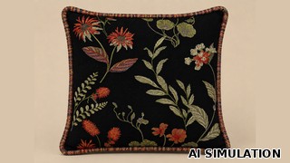 AI simulation of fabric SKU 7131311 MOST BEAUTIFUL BLACK LINEN floral embroidered drapery fabric shown on a decorative throw pillow to illustrate the black ground, embroidered floral detail, color, and pattern scale. 