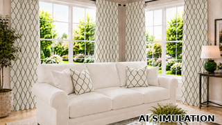 AI simulation of fabric SKU 7158311 Jovial Elm, an embroidered green ogee design on an off-white ground, shown on draperies and decorative throw pillows to illustrate pattern scale and color.