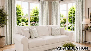 AI simulation of fabric SKU 7158314 Jovial Seapearl, an embroidered ogee design in soft seafoam on an off-white ground, shown on draperies and decorative throw pillows to illustrate pattern scale and color.