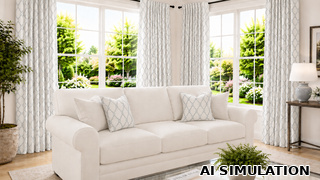 AI simulation of fabric SKU 7158315 Jovial Chinchilla, an embroidered ogee design in soft gray on an off-white ground, shown on draperies and decorative throw pillows to illustrate pattern scale and color.