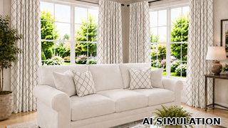 AI simulation of fabric SKU 7158316 Jovial Stone, an embroidered ogee design in stone on an off-white ground, shown on draperies and decorative throw pillows to illustrate pattern scale and color.