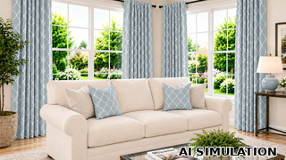 AI simulation of fabric SKU 7158317 Jovial Glacier, an embroidered ogee design in glacier blue on an off-white ground, shown on draperies and decorative throw pillows to illustrate pattern scale and color.