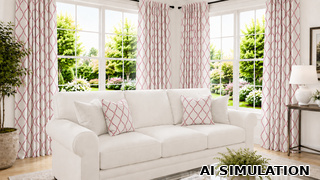 AI simulation of fabric SKU 7158318 Jovial Sorbet, an embroidered ogee design in sorbet pink on an off-white ground, shown on draperies and decorative throw pillows to illustrate pattern scale and color.