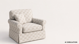 AI simulation of fabric SKU 7164514 showing an ivory palm pattern upholstery fabric on a cushioned armchair with matching throw pillow to illustrate pattern scale, color, and upholstery use.