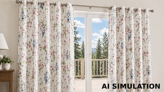 AI simulation of fabric SKU 7178711 Trisa Garden Blooms floral drapery fabric shown as grommet-top window curtains to illustrate the multicolor floral and blue vase design, pattern scale, and drapery use.