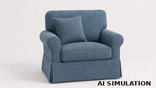 AI simulation of fabric SKU 7179611 Boone Laguna, a textured blue fabric shown as upholstery fabric on a traditional skirted armchair with a matching throw pillow to illustrate texture and color depth.