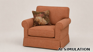 AI simulation of fabric SKU 7179612 Boone Tangerine, a textured tangerine upholstery fabric shown on a traditional skirted armchair with a coordinating accent pillow to illustrate texture and color depth.