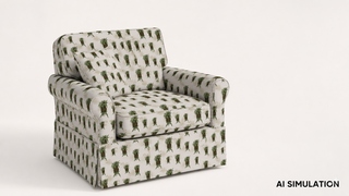 AI simulation of fabric SKU 7184011 showing an ivory pineapple pattern upholstery fabric on a cushioned armchair with matching throw pillow to illustrate pattern scale, color, and upholstery use.