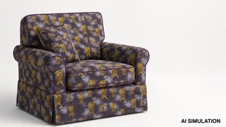 AI simulation of fabric SKU 7184012 showing a purple pineapple pattern upholstery fabric on a cushioned armchair with matching throw pillow to illustrate pattern scale, color, and upholstery use.