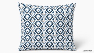AI simulation of a white, tan, deep sea blue and wedgewood blue geometric diamond-pattern throw pillow displayed on a clean neutral background.