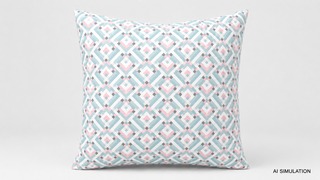 AI simulation of a pink, soft aqua, gray and white geometric diamond-pattern throw pillow displayed on a clean neutral background.