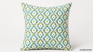 AI simulation of a teal, lime green, gray and white geometric diamond-pattern throw pillow displayed against a clean neutral background.