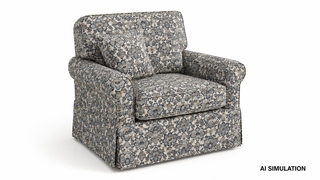 AI simulation of fabric SKU 7184511 showing a blue floral upholstery fabric on a cushioned armchair with matching throw pillow to illustrate pattern scale, color, and upholstery use.