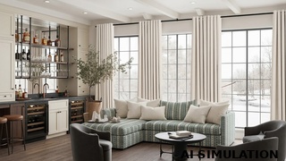 AI simulation of 7184711 green striped upholstery fabric shown on a sectional sofa.