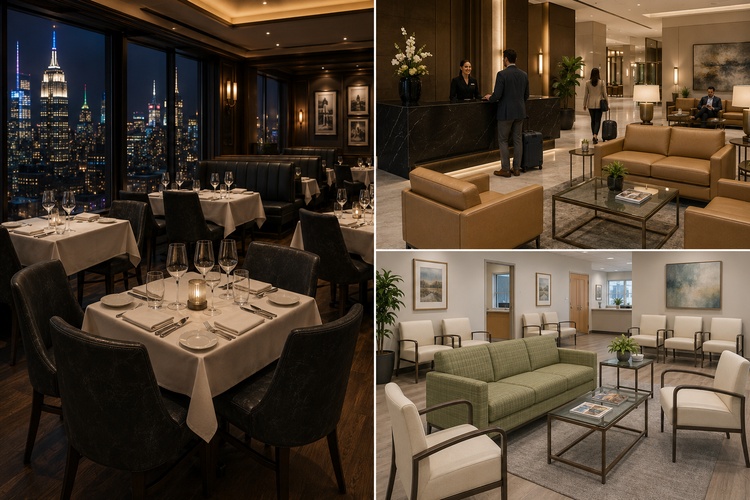 Contract vinyl, urethane and faux leather upholstery fabric category image showing a high-end steakhouse with black upholstered seating, a hotel lobby with medium brown lounge furniture, and a doctor’s waiting room with cream vinyl chairs and a patterned faux leather sofa.