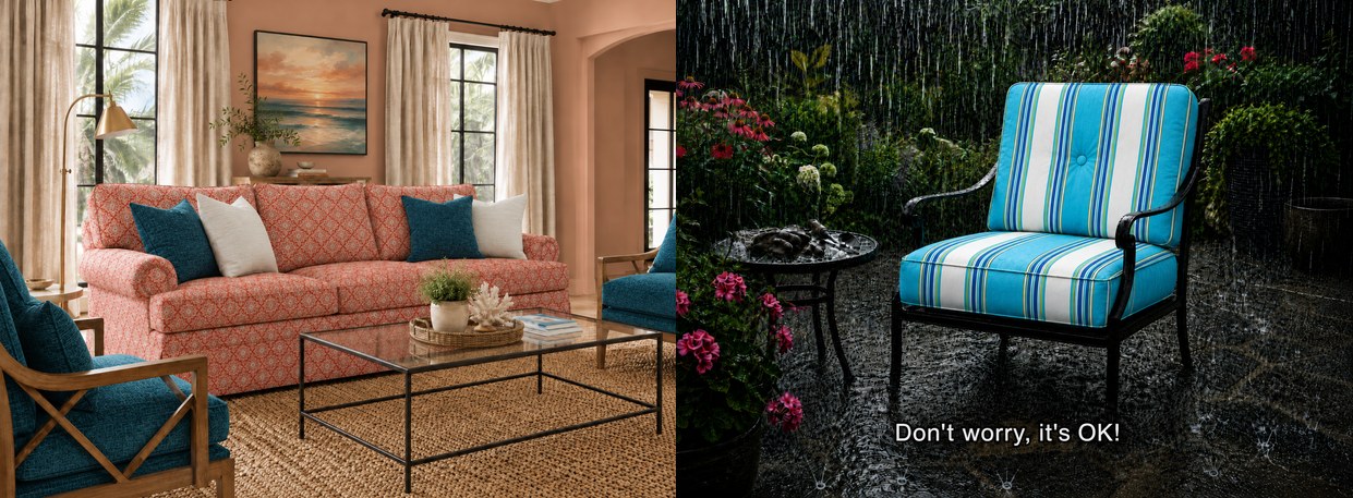 High performance outdoor upholstery fabrics shown on a coral patterned sofa with coordinating teal accents and on a bright turquoise striped patio chair in heavy rain.