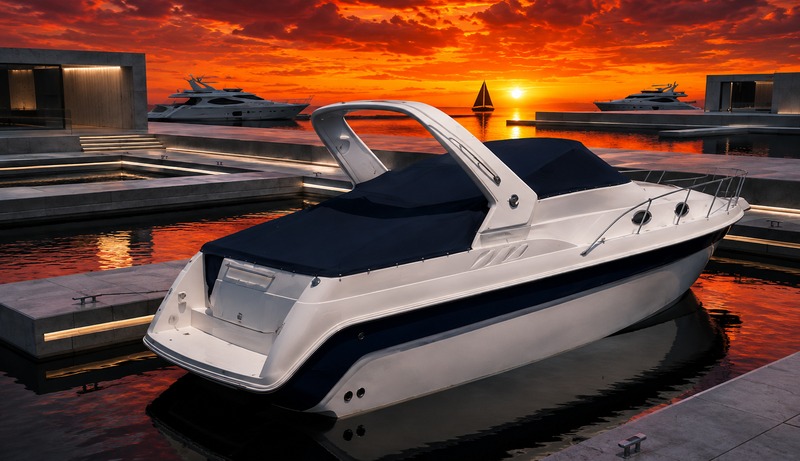 A sleek white powerboat at a marina at sunset featuring dark navy boat canvas fabric on the top, illustrating Outdura marine topping fabric for Bimini tops, boat covers, and other marine canvas applications.
