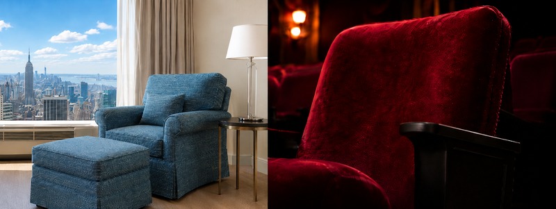 Commercial contract grade upholstery fabric shown on a blue-teal hotel chair and ottoman overlooking New York City and on deep red mohair velvet theater seating.