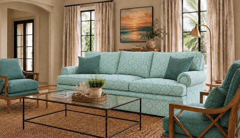 Covington Indoor Outdoor upholstery fabrics shown in a coastal living room on a turquoise patterned sofa with coordinating teal accent chairs and throw pillows.