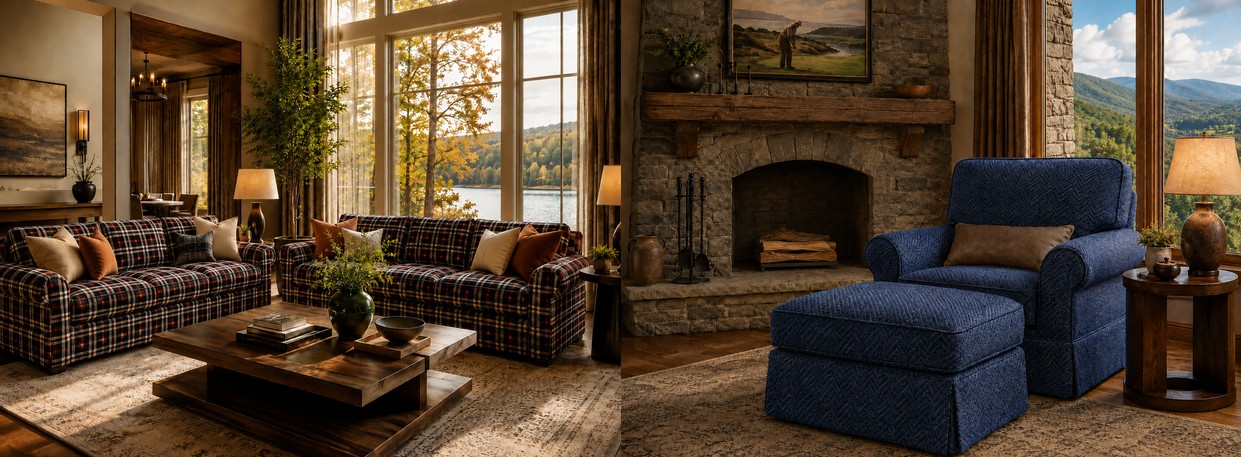 Two upscale room scenes show Crypton Nanotex upholstery fabrics, featuring plaid sofas in a luxury lake-view lounge and a blue herringbone chair with ottoman beside a stone fireplace and mountain view.