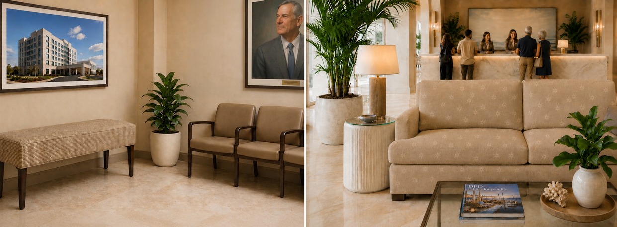 Crypton Super contract grade commercial upholstery fabric shown on a hospital waiting room bench and a reception-area sofa in healthcare and hospitality settings.