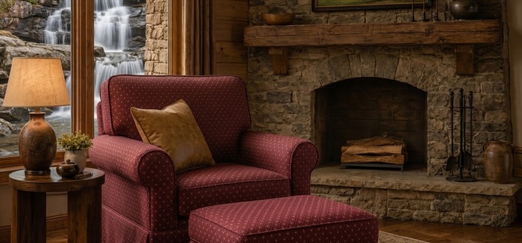 A rustic lodge living room interior featuring a burgundy diamond-pattern upholstered chair and ottoman beside a stone fireplace and waterfall view, representing diamond design home décor fabric.