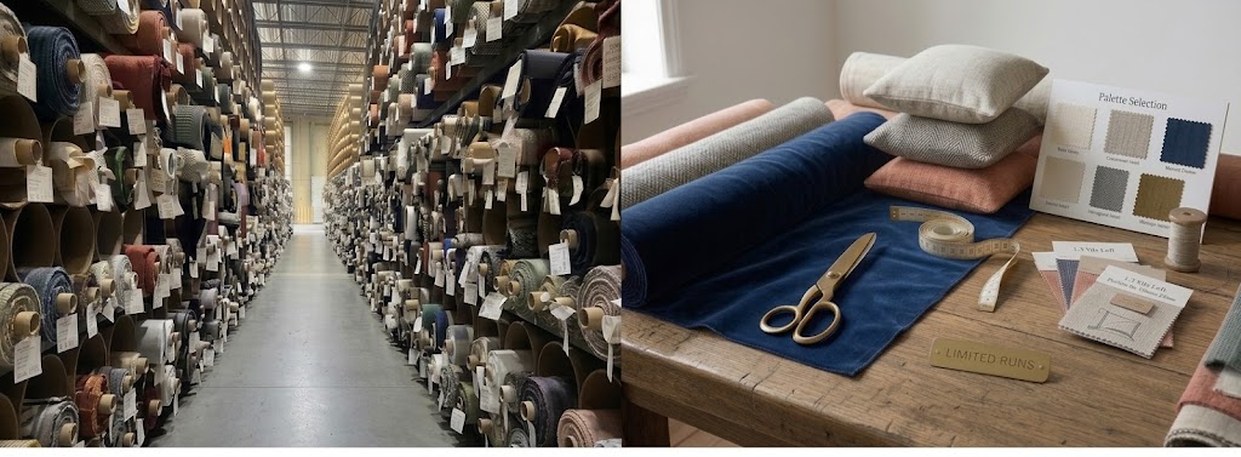Wide split-scene image showing a fabric warehouse aisle filled with rolls and a designer worktable with navy fabric, swatches, measuring tools, and brass shears, representing Decorative Fabrics Direct discount and limited-stock fabrics.