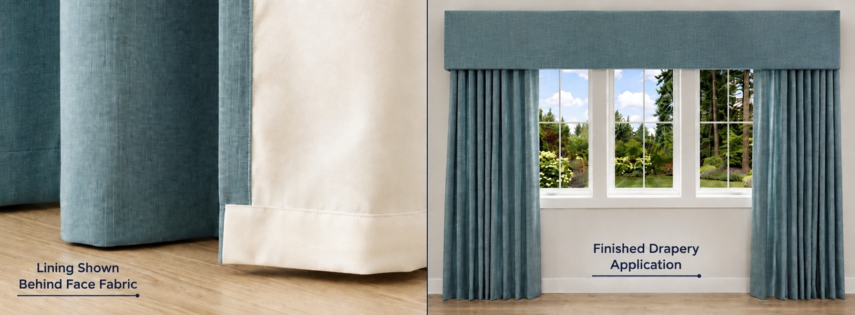 White drapery lining shown attached behind a blue linen-blend face fabric beside the finished fabric shown as drapery at a window, illustrating a lined curtain and drapery application.