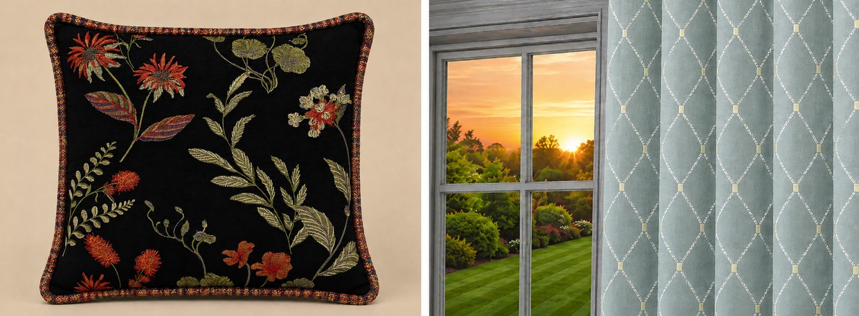 Embroidered decorative fabric shown on a throw pillow and as drapery beside a window, highlighting intricate stitched patterns, texture, and home decorating applications.
