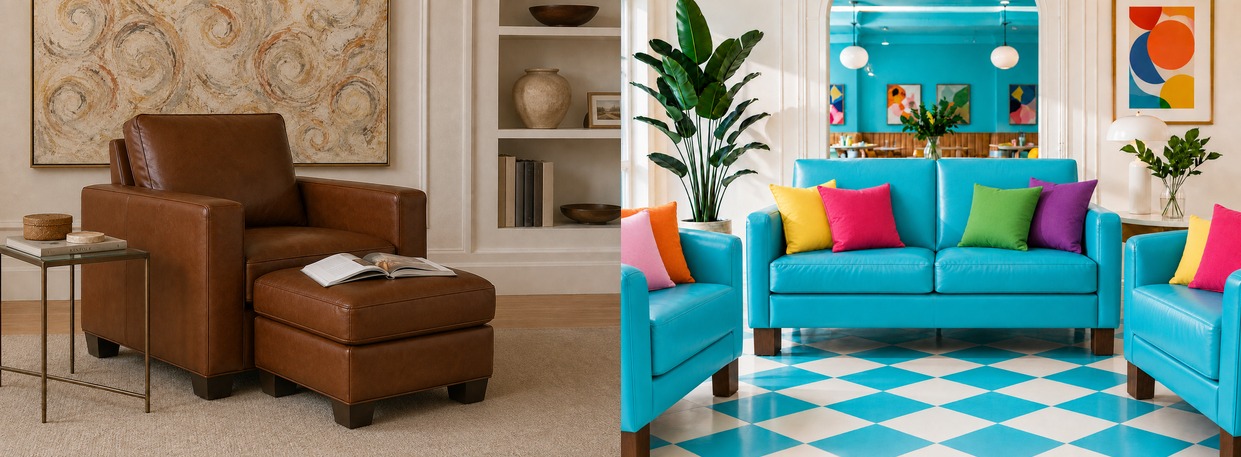 Faux leather upholstery vinyl fabric shown on a warm brown club chair and ottoman and bright turquoise contemporary seating with colorful accent pillows, illustrating traditional and modern upholstery styles.