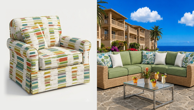 Colorful indoor upholstery fabric shown on a traditional chair beside green outdoor performance fabric used on a patio sectional with coordinating botanical and solid pillows.