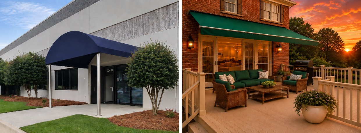 Split image showing a navy commercial entrance awning and an emerald green residential retractable awning over a furnished deck, illustrating outdoor awning fabric for business and home applications.