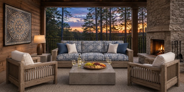 Outdura Indoor Outdoor upholstery fabric shown on a blue-and-white patterned sofa in a covered patio with white-cushioned wood chairs, stone fireplace, and sunset forest view.