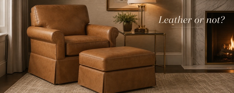 Warm caramel polyurethane faux leather shown on a tailored residential chair and ottoman in an upscale interior, highlighting its soft, supple, leather-like appearance.